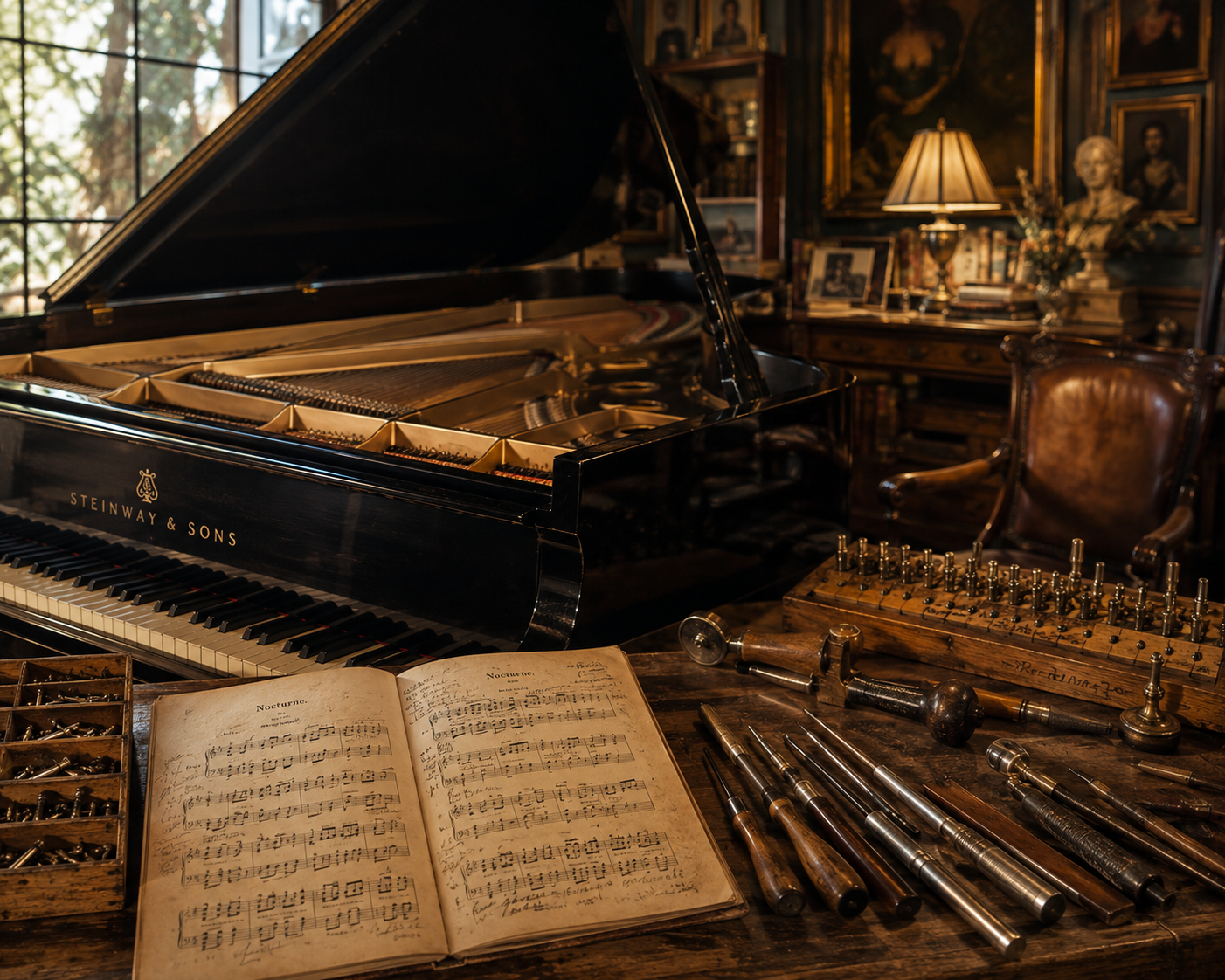 A Steinway grand piano beside a workbench with restoration tools and an open manuscript of Nocturnes